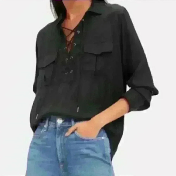 $198 RAILS Black Cupro Bailey Lace-Up Blouse Long Sleeve Shirt Top - Picture 1 of 4